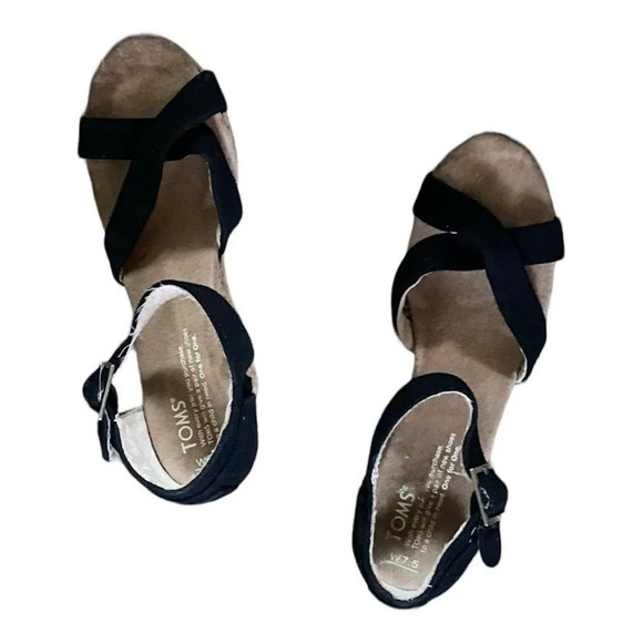 Toms Black Wedges Sandals Size 7.5 Open Toe Ankle Strap Heel Wedge Casual - Picture 12 of 12